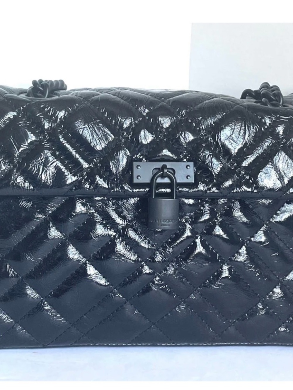 Kurt Geiger Quilted Patent Shoulder Bag in Black with Padlock Detail